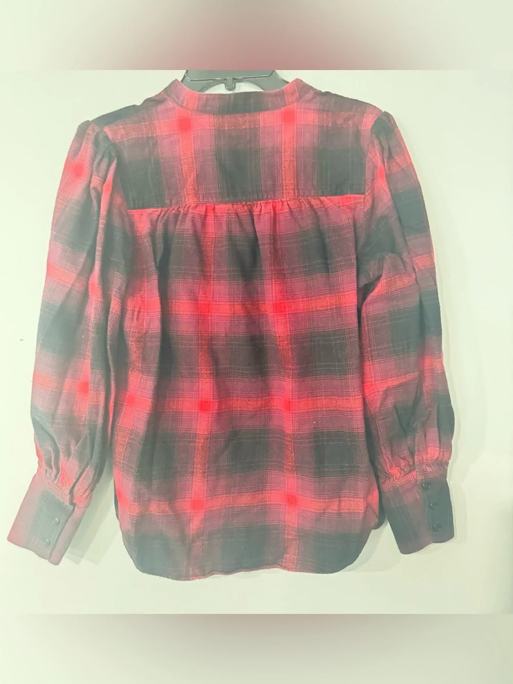 Banana Republic Red Black Plaid Volume Sleeve Flannel Bottom-Front Top